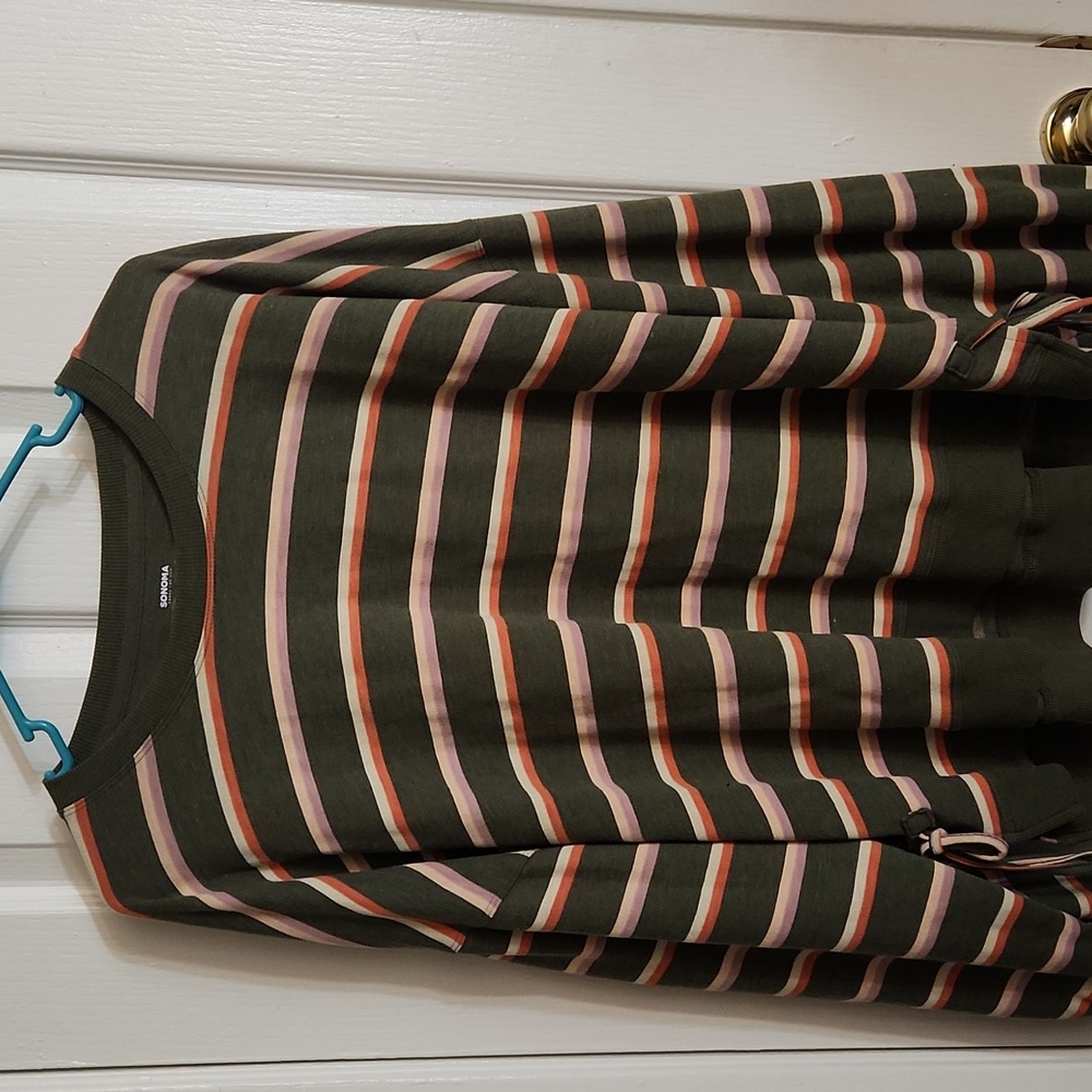 Sonoma Olive Green Striped Crewneck Sweater with Pink and Rust Stripes
